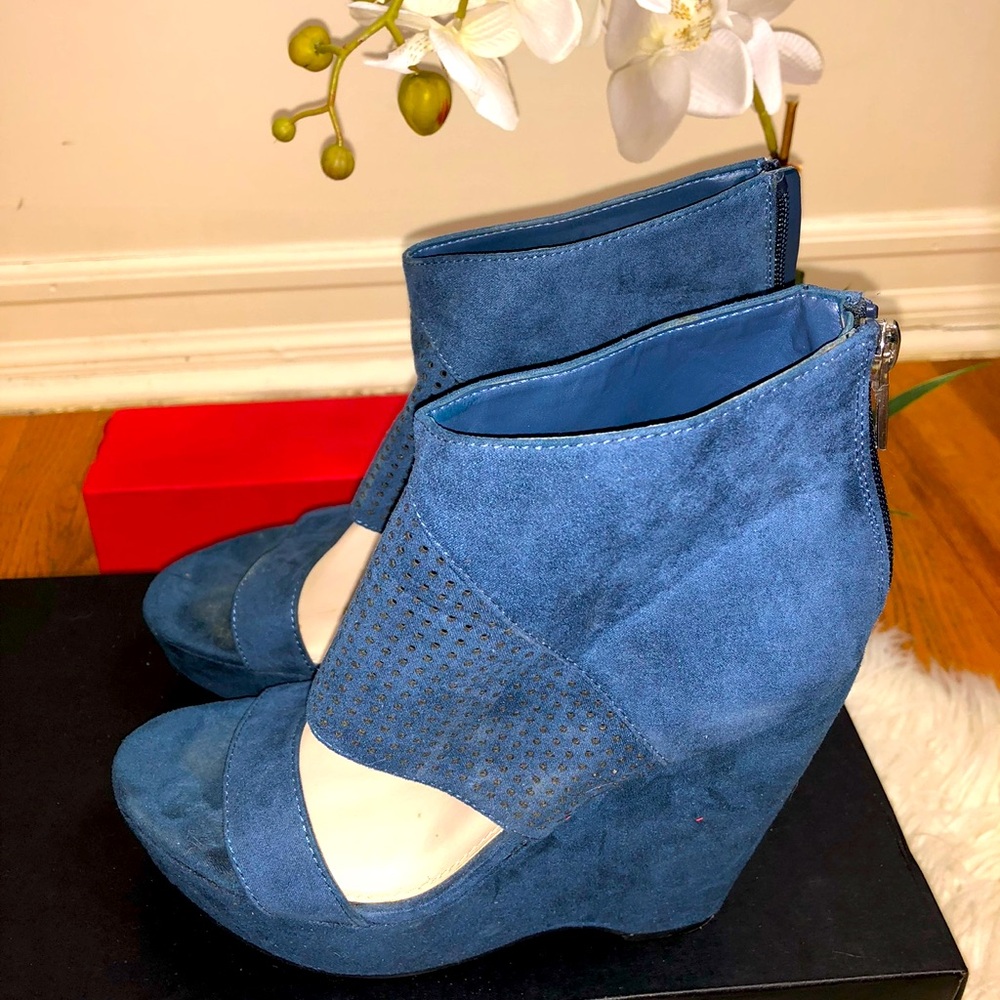 Blue Suede Wedge Ankle Boots